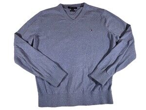 Tommy Hilfiger Blue Pima Cotton Cashmere V Neck Sweater Size Large